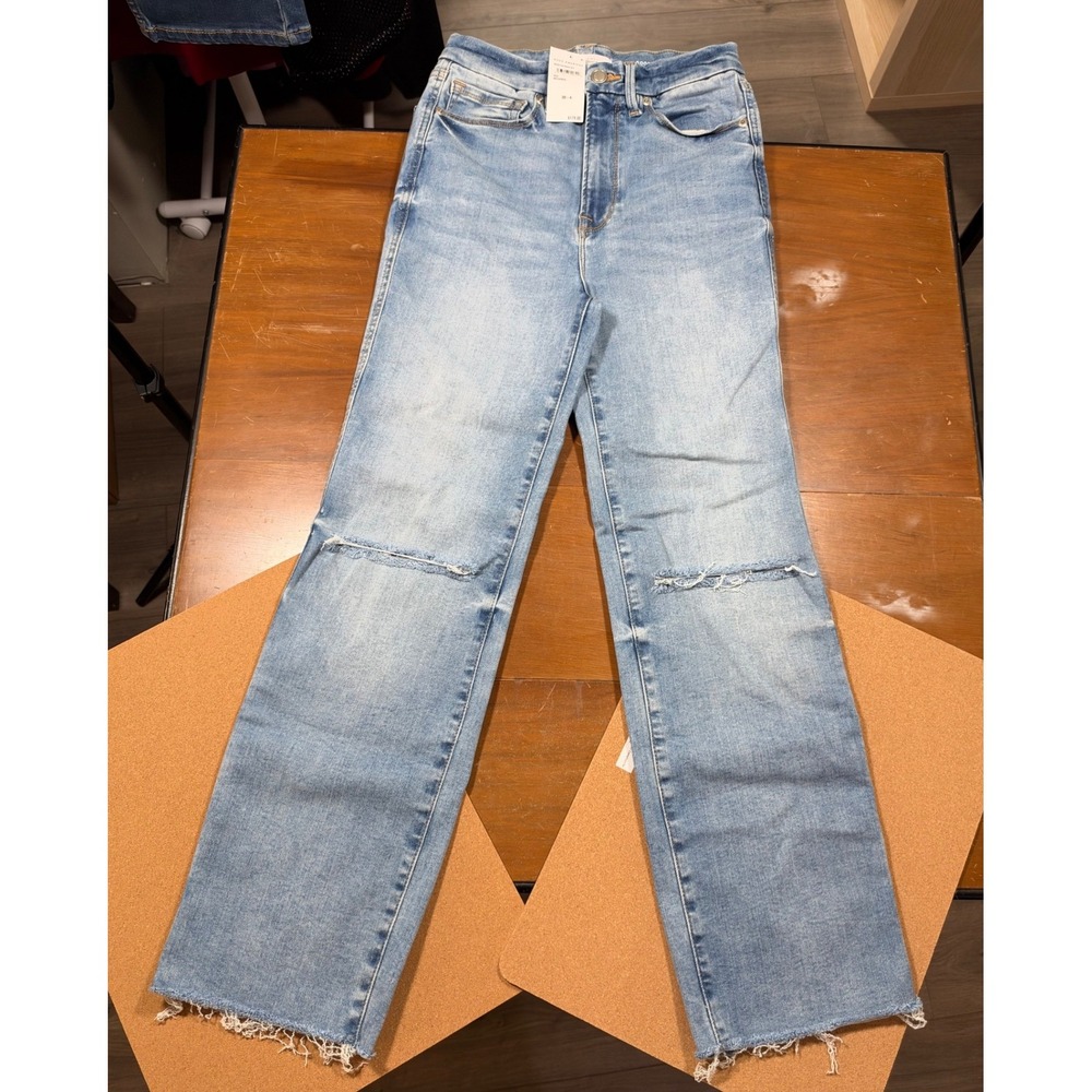 NWT Good American Good Curve Straight Jeans Women 00-4 Blue Distressed Raw Hem